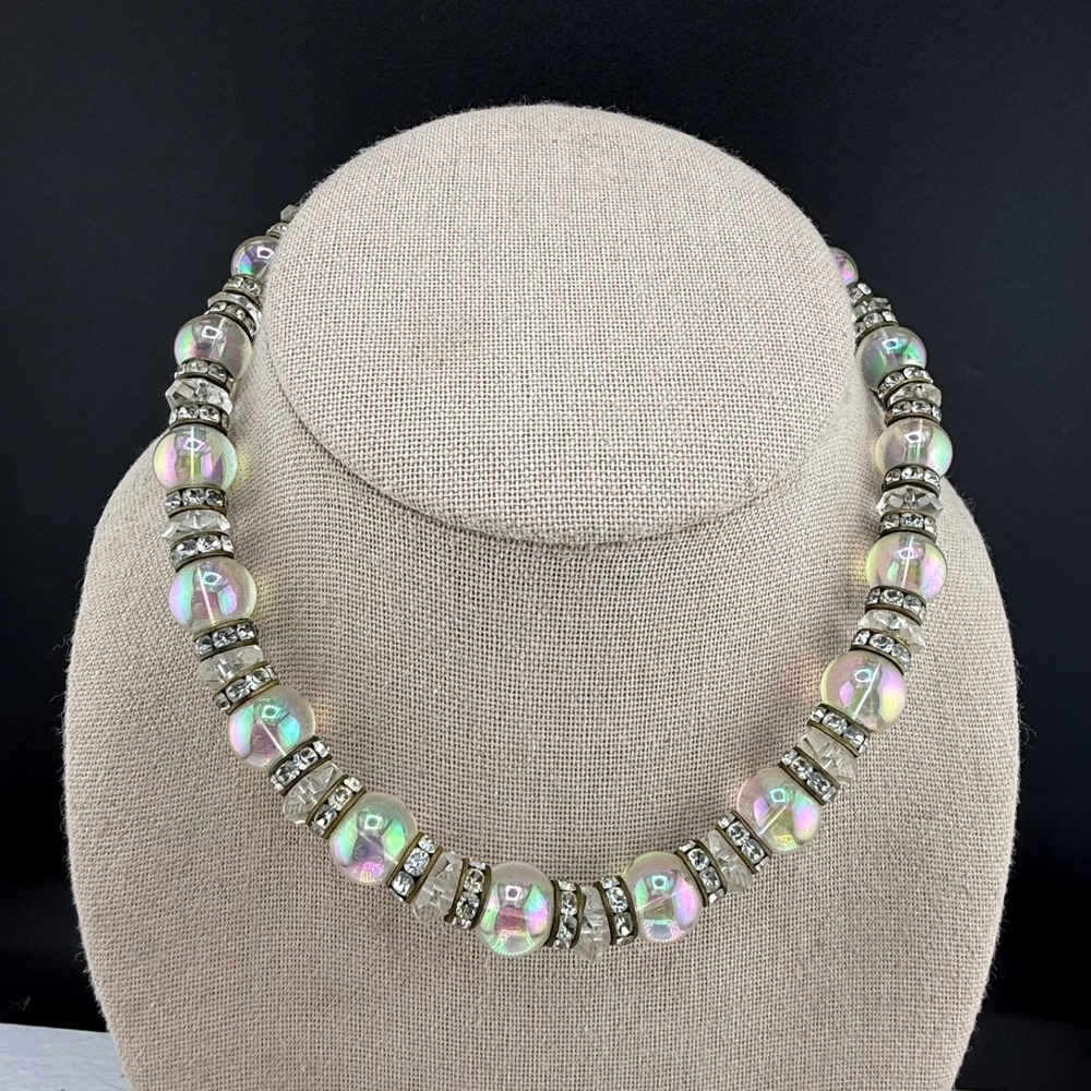 Vintage Estate Glass Beaded Necklace Silver AB Iridescent Rhinestone 15in